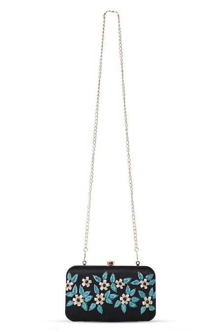 Shop House Of Webhin Black Embroidery Midnight Blossom Clutch With Detachable Sling Chain at Aza Fashions Shop_House Of Webhin_Black Embroidery Midnight Blossom Clutch With Detachable Sling Chain _at_Aza_Fashions
