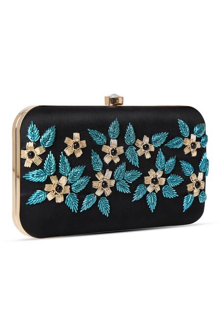 House Of Webhin Black Embroidery Midnight Blossom Clutch With Detachable Sling Chain Online at Aza Fashions House Of Webhin_Black Embroidery Midnight Blossom Clutch With Detachable Sling Chain _Online_at_Aza_Fashions