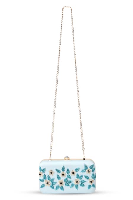 Shop House Of Webhin Blue Embroidery Baby Bloom Clutch With Detachable Sling Chain at Aza Fashions Shop_House Of Webhin_Blue Embroidery Baby Bloom Clutch With Detachable Sling Chain _at_Aza_Fashions