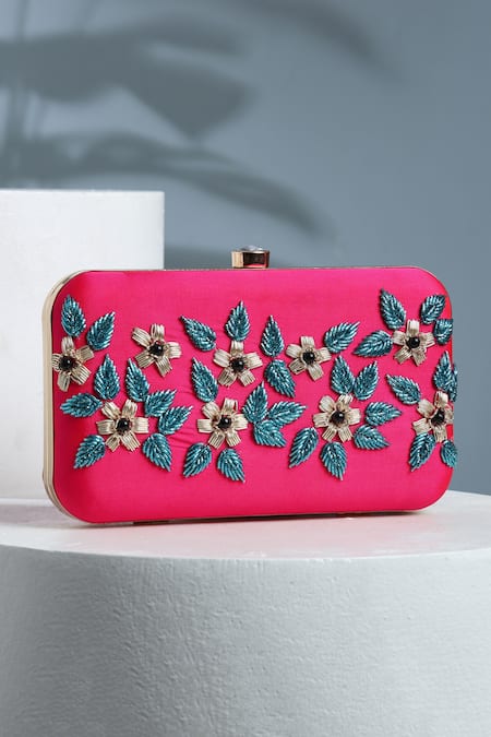 House Of Webhin Floral Embroidered Pink Silk Clutch 