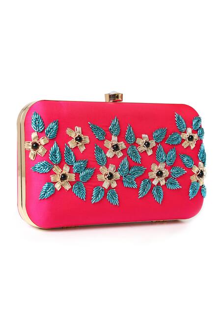 House Of Webhin_Pink Embroidery Floral Silk Clutch _Online_at_Aza_Fashions