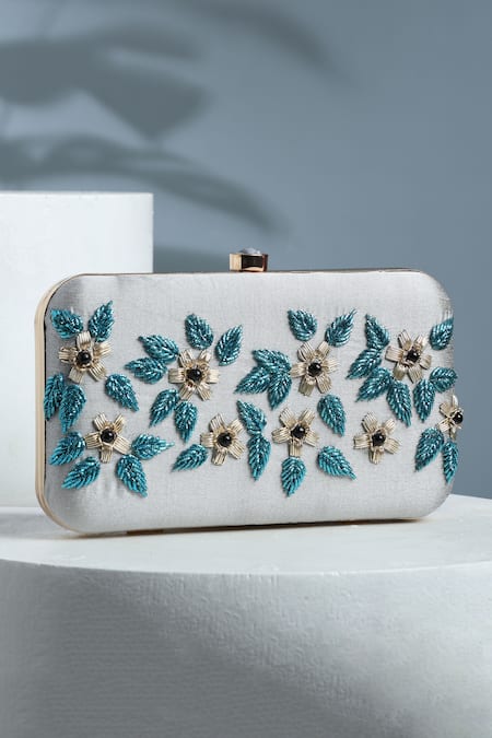 House Of Webhin Grey Embroidery Petal Clutch With Detachable Sling Chain 