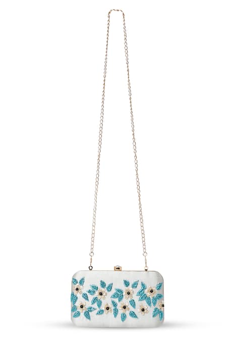 Shop_House Of Webhin_Grey Embroidery Petal Clutch With Detachable Sling Chain _at_Aza_Fashions