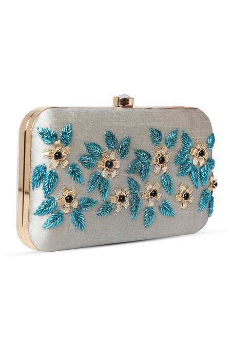 House Of Webhin_Grey Embroidery Petal Clutch With Detachable Sling Chain _Online_at_Aza_Fashions