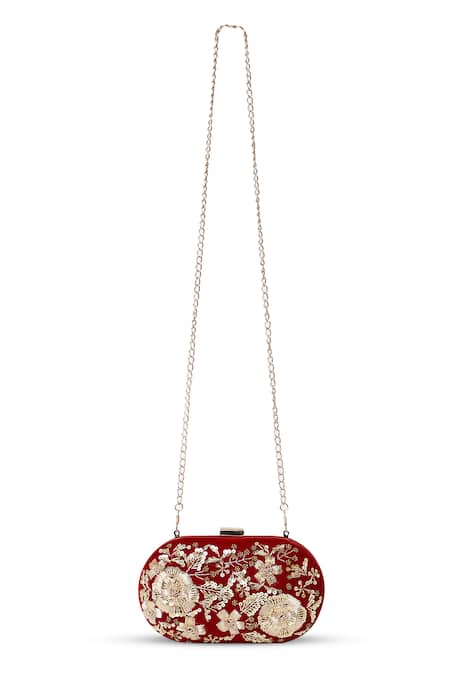 Shop_House Of Webhin_Maroon Zari, Sequins Zardosi Embroidered Clutch With Detachable Sling Chain _at_Aza_Fashions