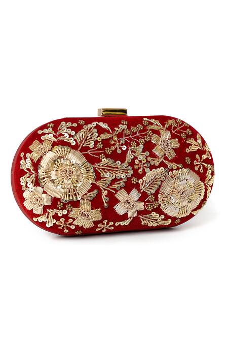 House Of Webhin_Maroon Zari, Sequins Zardosi Embroidered Clutch With Detachable Sling Chain _Online_at_Aza_Fashions