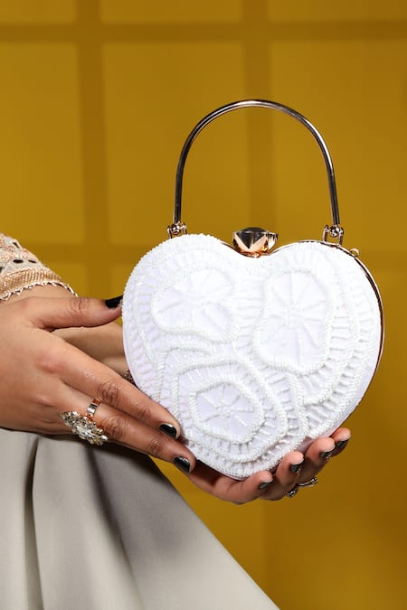 House Of Webhin White Cut Work Heart Cutdana Embroidered Clutch 