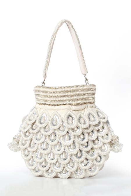 Shop House Of Webhin White Pearls, Beads Snowdrop Embellished Potli With Detachable Handle at Aza Fashions Shop_House Of Webhin_White Pearls, Beads Snowdrop Embellished Potli With Detachable Handle _at_Aza_Fashions