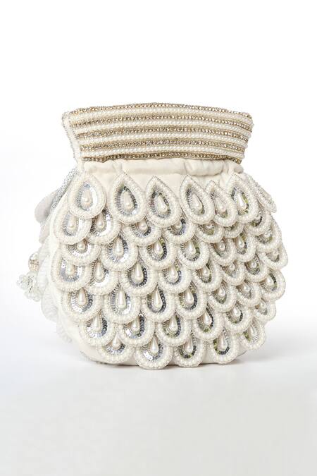 House Of Webhin White Pearls, Beads Snowdrop Embellished Potli With Detachable Handle Online at Aza Fashions House Of Webhin_White Pearls, Beads Snowdrop Embellished Potli With Detachable Handle _Online_at_Aza_Fashions
