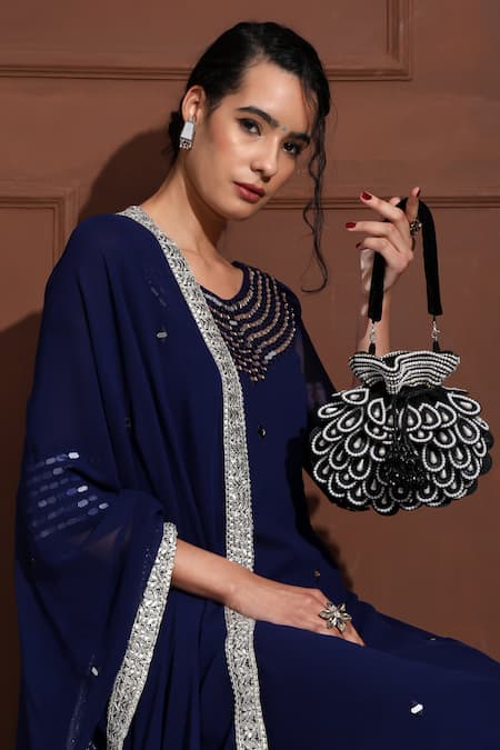 House Of Webhin Black Pearls Noir Embellished Potli With Detachable Handle 