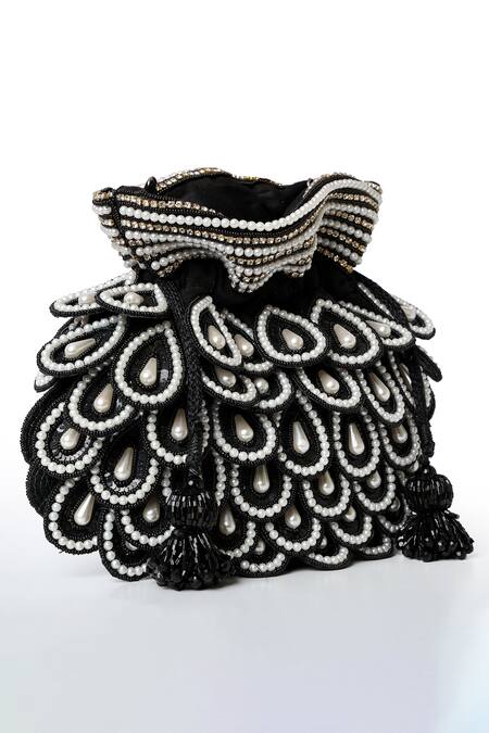 House Of Webhin Black Pearls Noir Embellished Potli With Detachable Handle at Aza Fashions House Of Webhin_Black Pearls Noir Embellished Potli With Detachable Handle _at_Aza_Fashions