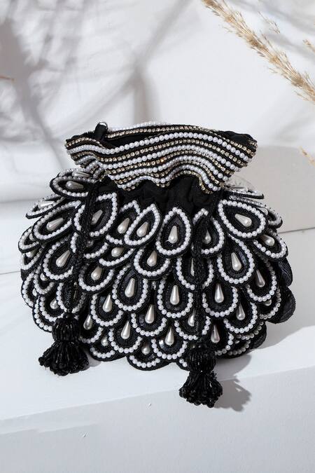 Buy House Of Webhin Black Pearls Noir Embellished Potli With Detachable Handle Buy_House Of Webhin_Black Pearls Noir Embellished Potli With Detachable Handle