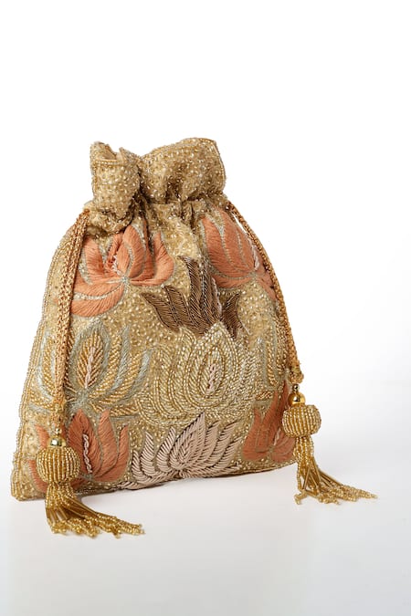 House Of Webhin_Gold Cut Work, Blooming Lotus Embellished Potli With Detachable Handle _Online_at_Aza_Fashions