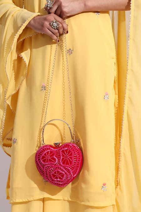 House Of Webhin Pink Cut Work Love Affair Embroidered Clutch With Detachable Sling Chain Online at Aza Fashions House Of Webhin_Pink Cut Work Love Affair Embroidered Clutch With Detachable Sling Chain _Online_at_Aza_Fashions