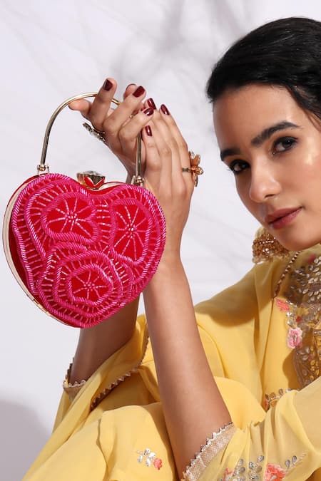 Shop House Of Webhin Pink Cut Work Love Affair Embroidered Clutch With Detachable Sling Chain Online at Aza Fashions Shop_House Of Webhin_Pink Cut Work Love Affair Embroidered Clutch With Detachable Sling Chain _Online_at_Aza_Fashions