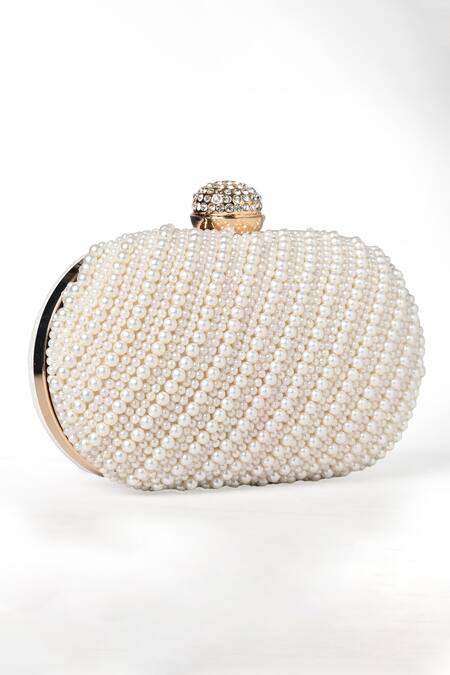 House Of Webhin_White Pearls Opulence Oval Embellished Clutch With Detachable Sling Chain _Online_at_Aza_Fashions