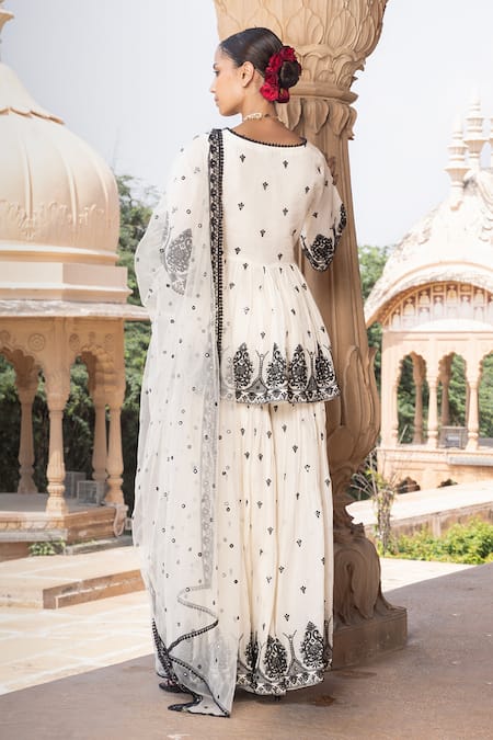 Shop_Preevin_Black Cotton, Net, Tulle Embroidery, Mirrors Damask Thread And Kurta Sharara Set _at_Aza_Fashions