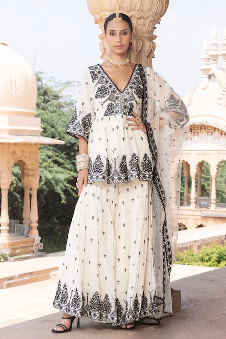 Preevin_Black Cotton, Net, Tulle Embroidery, Mirrors Damask Thread And Kurta Sharara Set _Online_at_Aza_Fashions