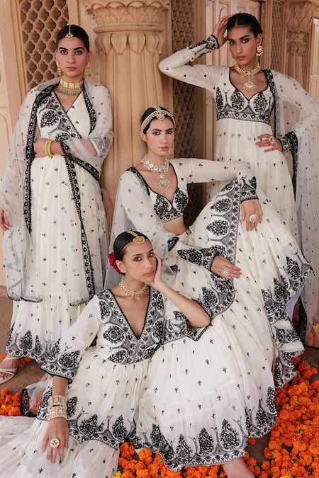 Shop_Preevin_Black Cotton, Net, Tulle Embroidery, Mirrors Damask Thread And Kurta Sharara Set _Online_at_Aza_Fashions
