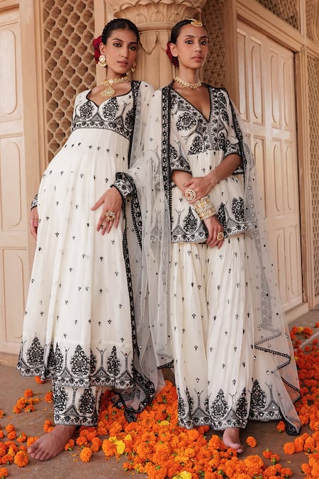 Preevin_Black Cotton, Net, Tulle Embroidery, Mirrors Damask Thread And Kurta Sharara Set _at_Aza_Fashions