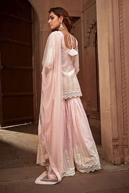 Shop Preevin Pink Cotton, Tulle, Net Embroidery, Lace, Mirrors Round Vine Kurta Sharara Set at Aza Fashions Shop_Preevin_Pink Cotton, Tulle, Net Embroidery, Lace, Mirrors Round Vine Kurta Sharara Set _at_Aza_Fashions