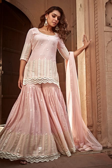Buy Preevin Pink Cotton, Tulle, Net Embroidery, Lace, Mirrors Round Vine Kurta Sharara Set Online at Aza Fashions Buy_Preevin_Pink Cotton, Tulle, Net Embroidery, Lace, Mirrors Round Vine Kurta Sharara Set _Online_at_Aza_Fashions
