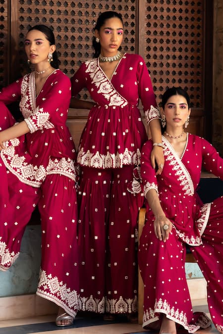 Buy_Preevin_Pink Cotton, Tulle Mirrors, Embroidery Thread And Temple Kurta Sharara Set _Online_at_Aza_Fashions