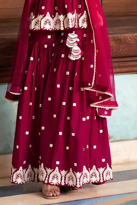 Shop_Preevin_Pink Cotton, Tulle Mirrors, Embroidery Thread And Temple Kurta Sharara Set _Online_at_Aza_Fashions