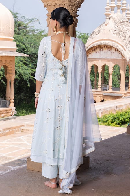 Shop_Preevin_Blue Cotton, Tulle Mirrors, Tassels Bloom Thread And Embroidered Anarkali Set _at_Aza_Fashions