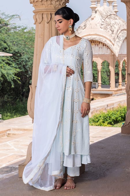 Preevin_Blue Cotton, Tulle Mirrors, Tassels Bloom Thread And Embroidered Anarkali Set _Online_at_Aza_Fashions