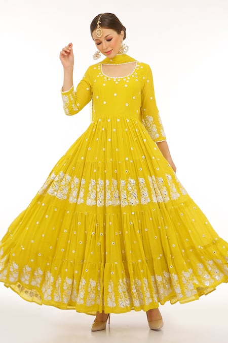 Preevin Lotus Thread & Mirror Embroidered Tiered Anarkali With Dupatta 