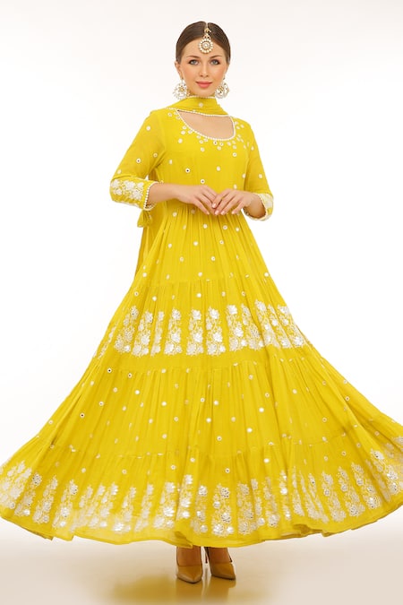 Preevin_Green Cotton, Tulle Mirrors, Lotus Thread And Tiered Anarkali With Dupatta _Online_at_Aza_Fashions