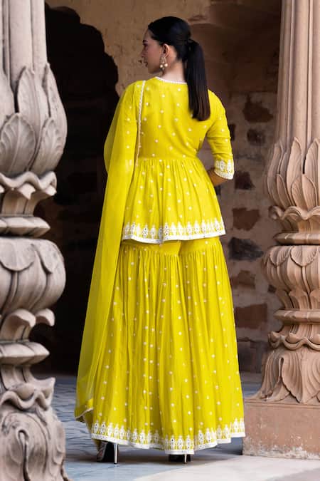 Shop_Preevin_Green Cotton, Tulle Mirrors, Embroidery Thread And Prism Mahal Kurta Sharara Set _at_Aza_Fashions