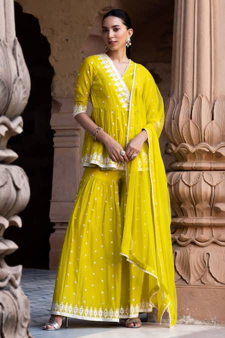 Buy_Preevin_Green Cotton, Tulle Mirrors, Embroidery Thread And Prism Mahal Kurta Sharara Set _Online_at_Aza_Fashions