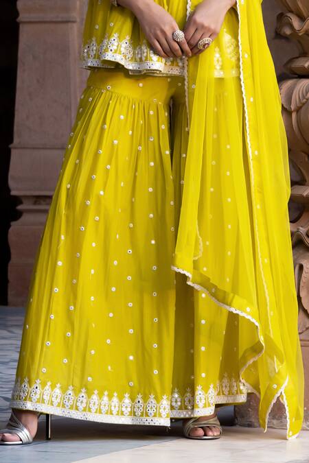 Shop_Preevin_Green Cotton, Tulle Mirrors, Embroidery Thread And Prism Mahal Kurta Sharara Set _Online_at_Aza_Fashions