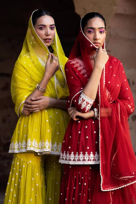 Preevin_Green Cotton, Tulle Mirrors, Embroidery Thread And Prism Mahal Kurta Sharara Set _at_Aza_Fashions