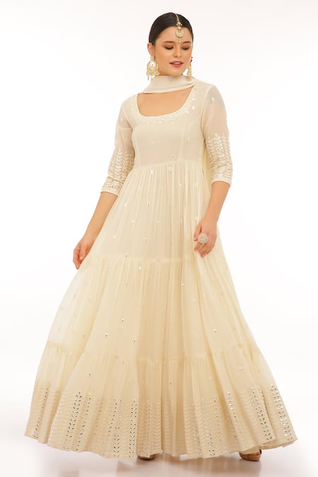 Preevin Ivy Vine Thread & Mirror Embroidered Tiered Anarkali With Dupatta 