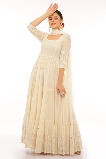 Shop Preevin Off White Cotton, Tulle, Net Ivy Vine Thread And Tiered Anarkali With Dupatta Online at Aza Fashions Shop_Preevin_Off White Cotton, Tulle, Net Ivy Vine Thread And Tiered Anarkali With Dupatta _Online_at_Aza_Fashions