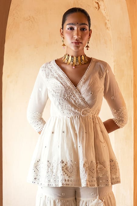 Buy_Preevin_Off White Cotton, Tulle Embroidery, Mirrors Thread And Mahal Kurta Sharara Set _Online_at_Aza_Fashions