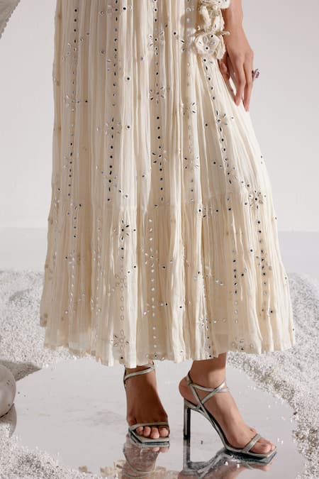 Preevin_Off White Cotton, Tulle Mirrors, Floweret Angarkha Anarkali With Dupatta _Online_at_Aza_Fashions