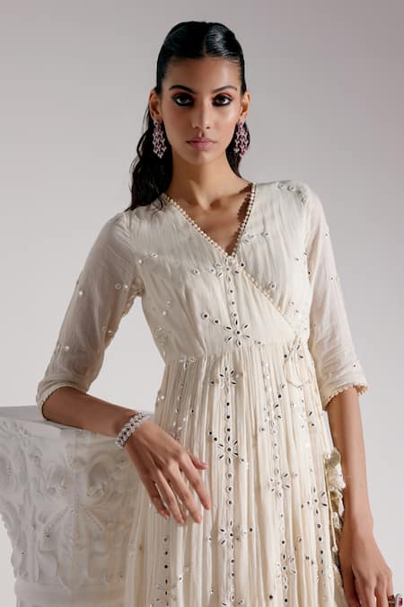 Buy_Preevin_Off White Cotton, Tulle Mirrors, Floweret Angarkha Anarkali With Dupatta _Online_at_Aza_Fashions