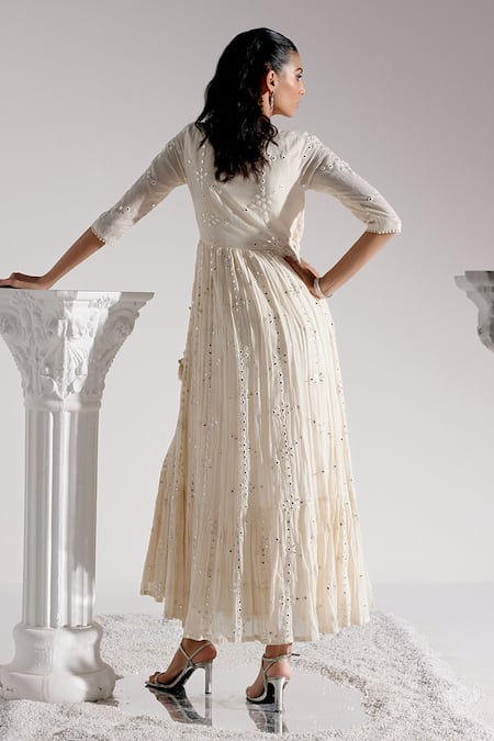 Shop_Preevin_Off White Cotton, Tulle Mirrors, Floweret Angarkha Anarkali With Dupatta _at_Aza_Fashions