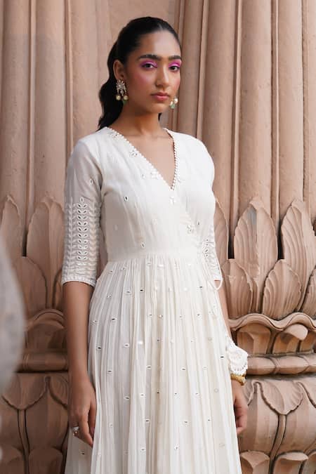 Preevin_Off White Cotton, Tulle, Net Tassels, Leaf Vine Angarkha Anarkali With Dupatta _Online_at_Aza_Fashions