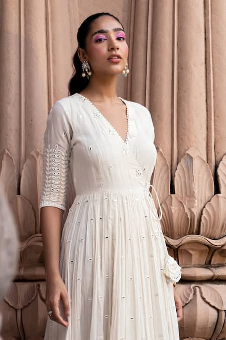 Buy_Preevin_Off White Cotton, Tulle, Net Tassels, Leaf Vine Angarkha Anarkali With Dupatta _Online_at_Aza_Fashions