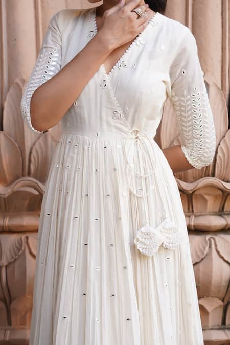 Shop_Preevin_Off White Cotton, Tulle, Net Tassels, Leaf Vine Angarkha Anarkali With Dupatta _Online_at_Aza_Fashions