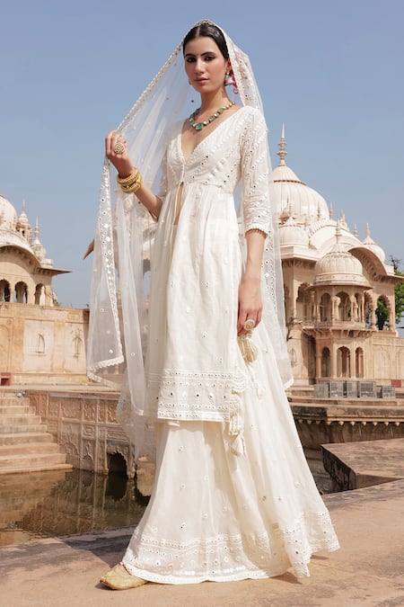 Shop_Preevin_Off White Cotton, Tulle Mirrors, Embroidery Plunge Neck Bahar Kurta Lehenga Set _at_Aza_Fashions