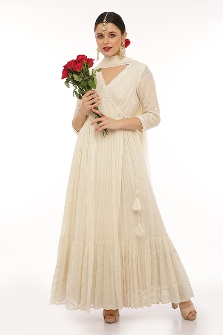 Shop Preevin Off White Cotton, Tulle Mirrors, Chevron Vine Angarkha Anarkali With Dupatta at Aza Fashions Shop_Preevin_Off White Cotton, Tulle Mirrors, Chevron Vine Angarkha Anarkali With Dupatta _at_Aza_Fashions