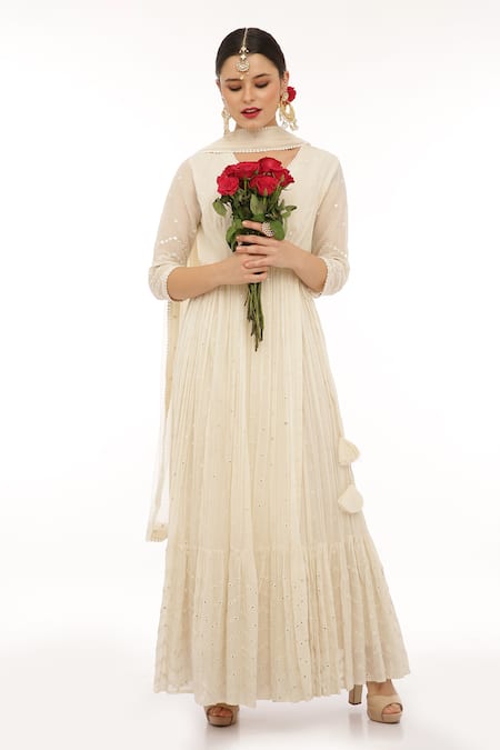 Preevin Off White Cotton, Tulle Mirrors, Chevron Vine Angarkha Anarkali With Dupatta Online at Aza Fashions Preevin_Off White Cotton, Tulle Mirrors, Chevron Vine Angarkha Anarkali With Dupatta _Online_at_Aza_Fashions