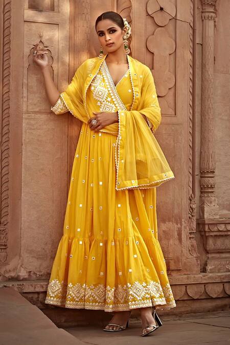Preevin_Yellow Cotton, Tulle, Net Mirrors, Diamond Bloom Angarkha Anarkali With Dupatta _Online_at_Aza_Fashions