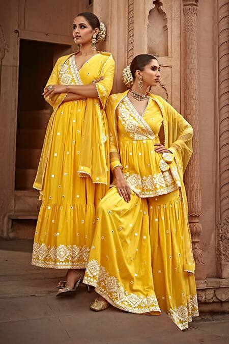 Buy_Preevin_Yellow Cotton, Tulle, Net Mirrors, Diamond Bloom Angarkha Anarkali With Dupatta _Online_at_Aza_Fashions